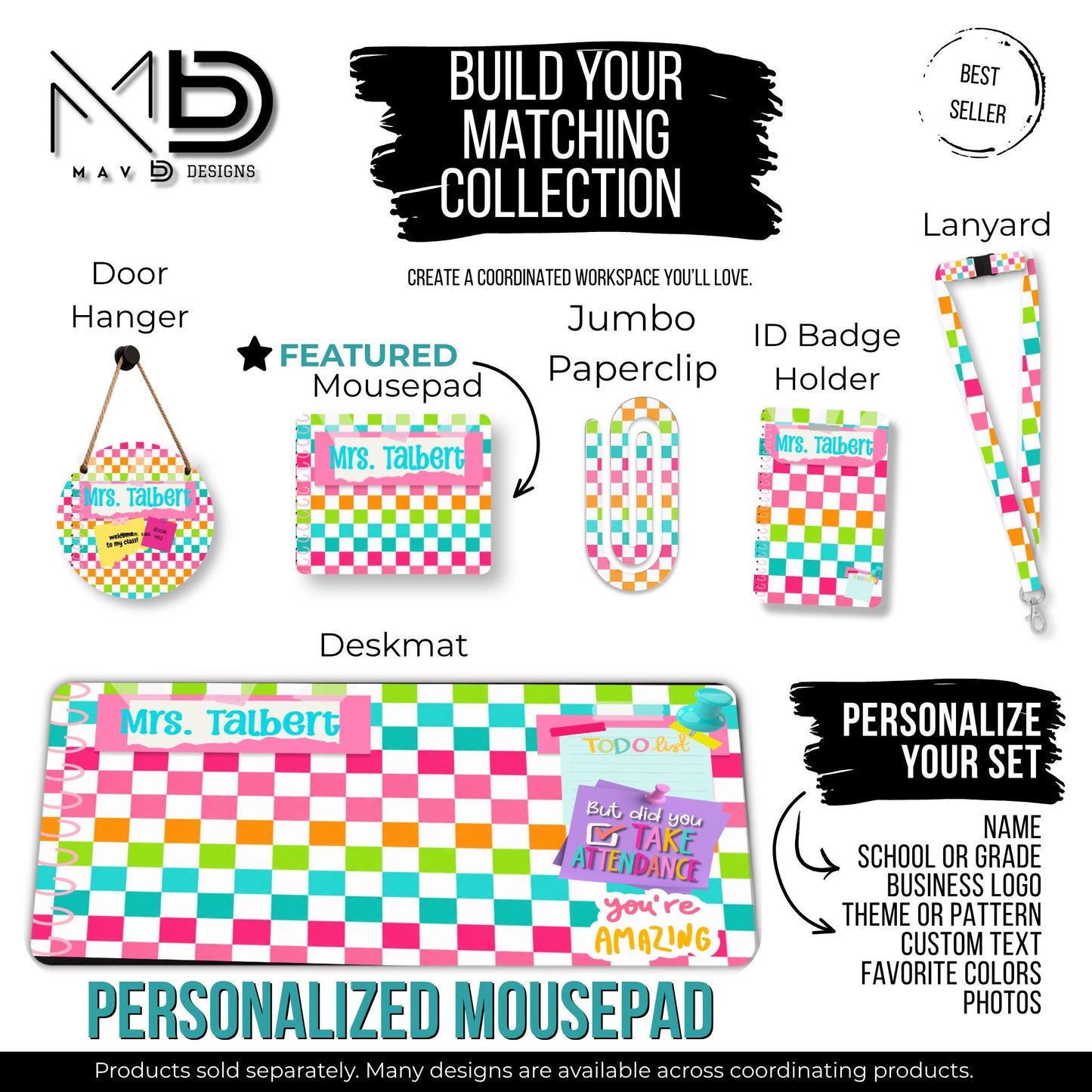 Personalized Teacher Mouse Pad | Vibrant Checkered Washi Tape Sticky Notes | Custom Name