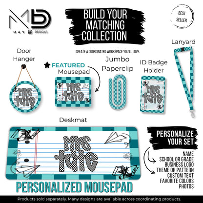 Personalized Teacher Mouse Pad | Teal Checkered Paper Doodles | Checkered Name