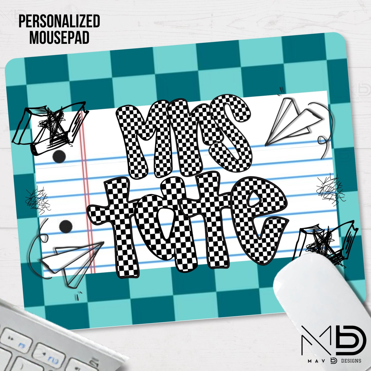 Personalized Teacher Mouse Pad | Teal Checkered Paper Doodles | Checkered Name