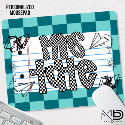 Personalized Teacher Mouse Pad | Teal Checkered Paper Doodles | Checkered Name