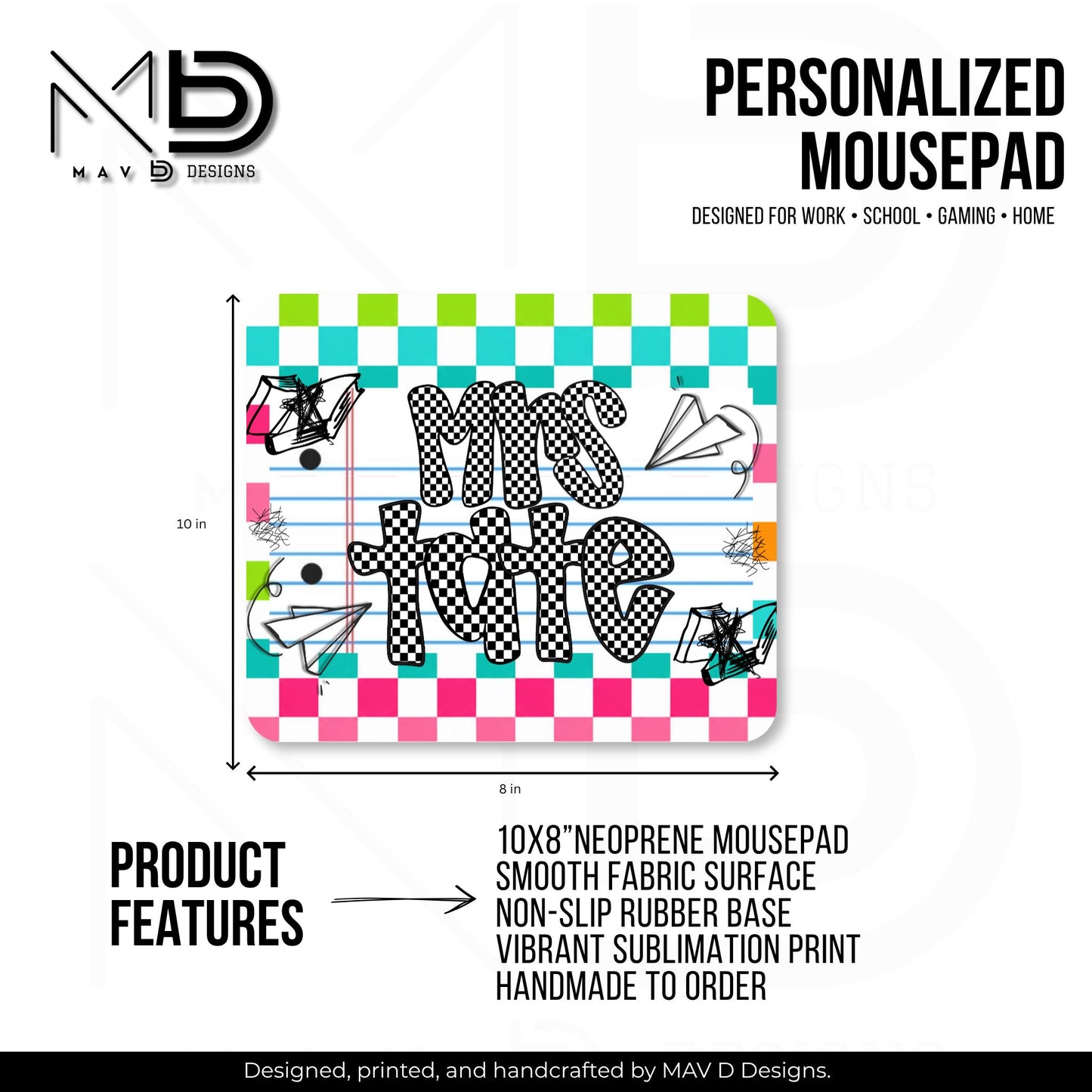 Personalized Teacher Mouse Pad | Vibrant Checkered Paper Doodles | Checkered Name