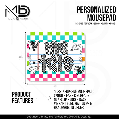 Personalized Teacher Mouse Pad | Vibrant Checkered Paper Doodles | Checkered Name