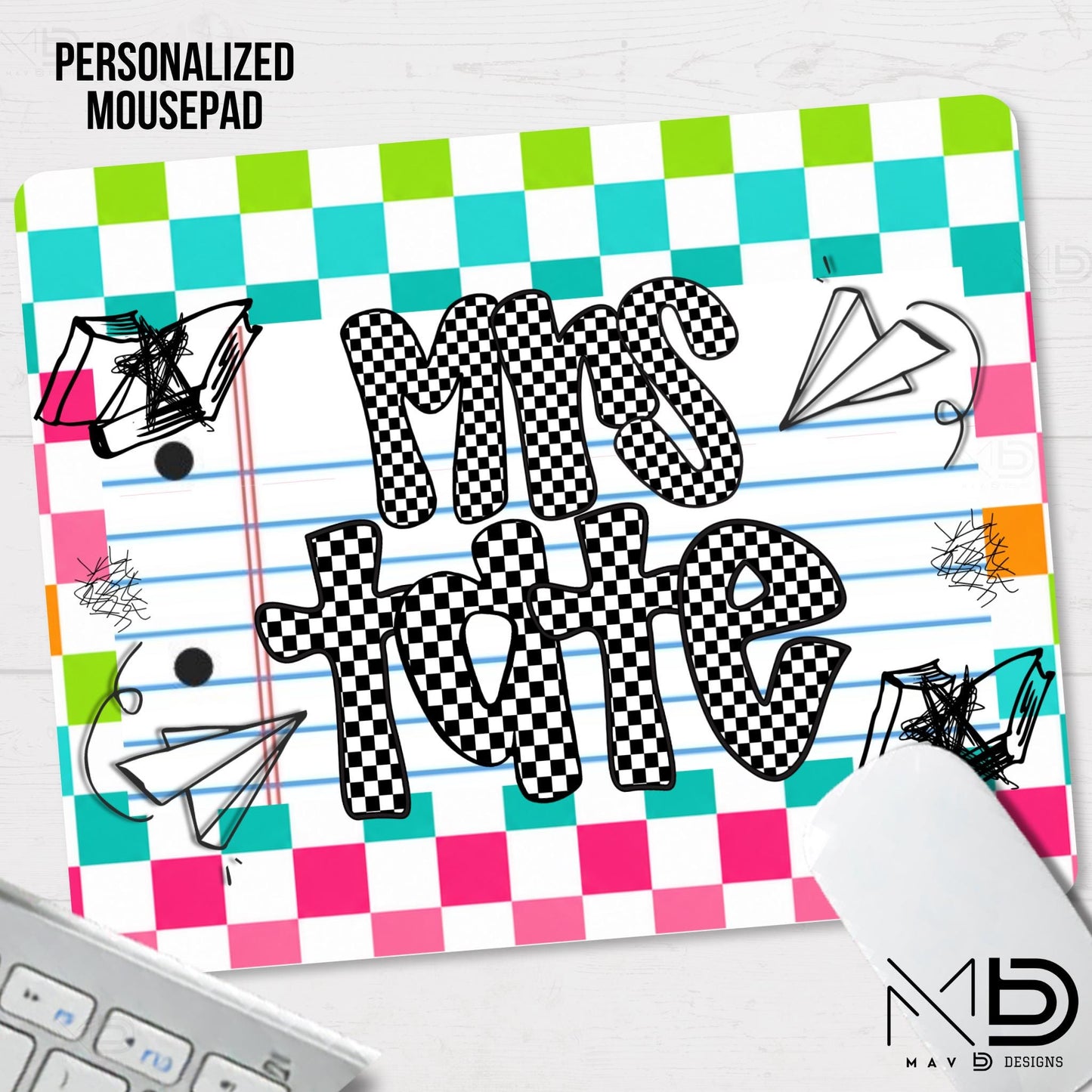 Personalized Teacher Mouse Pad | Vibrant Checkered Paper Doodles | Checkered Name
