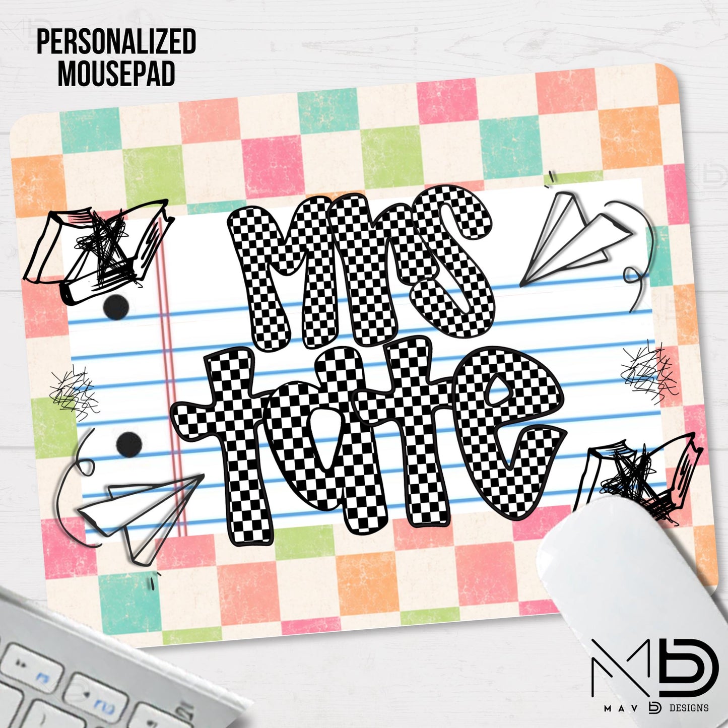 Personalized Teacher Mouse Pad | Pastel Checkered Paper Doodles | Checkered Name