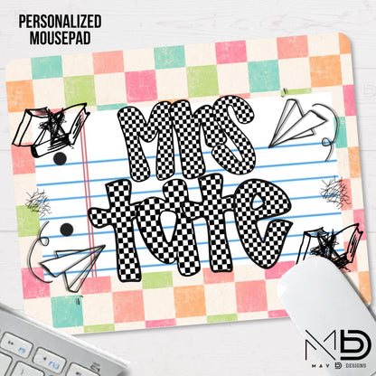 Personalized Teacher Mouse Pad | Pastel Checkered Paper Doodles | Checkered Name