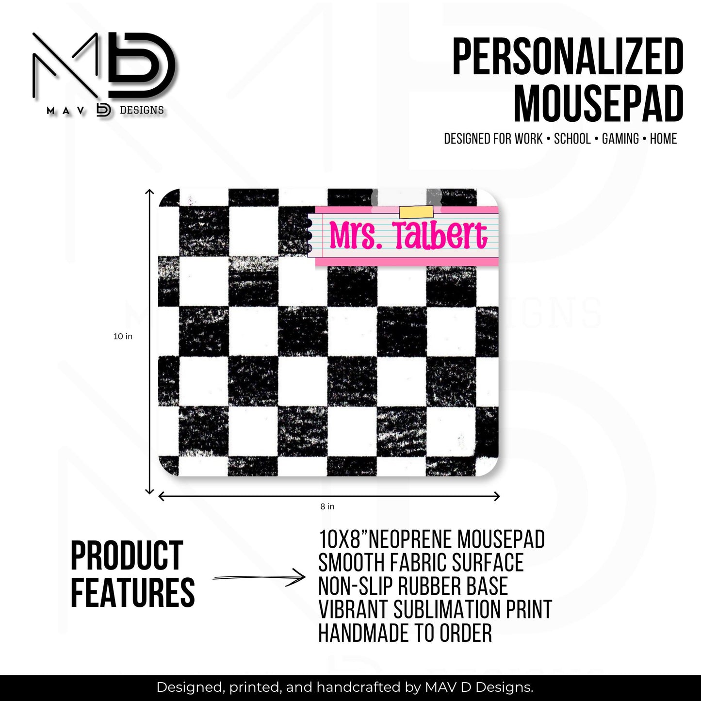 Personalized Teacher Mouse Pad | Distressed Checkered Post-It Washi Tape Name Plate | Custom Name