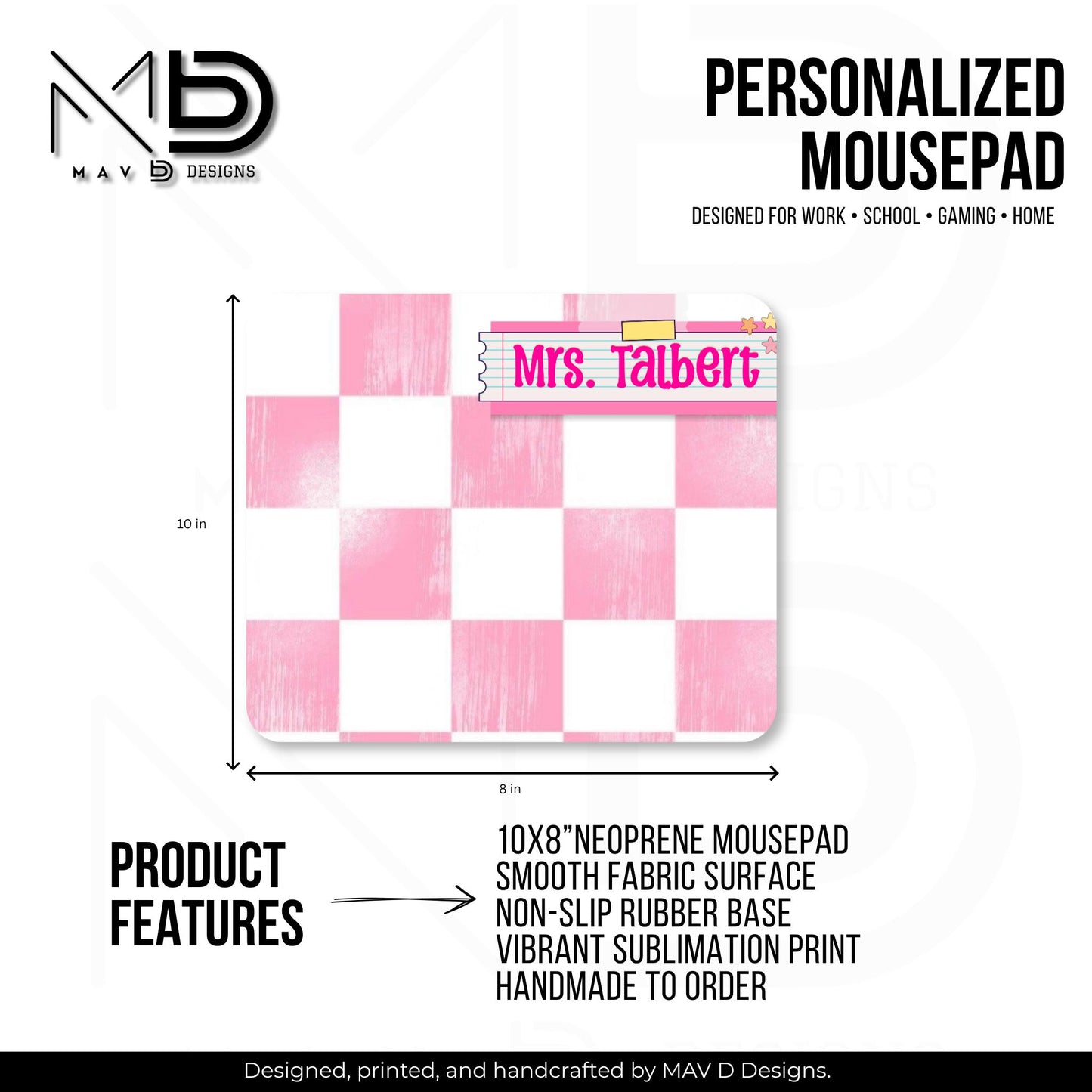 Personalized Teacher Mouse Pad | Pink Distressed Checkered Post-It Washi Tape Name Plate | Custom Name