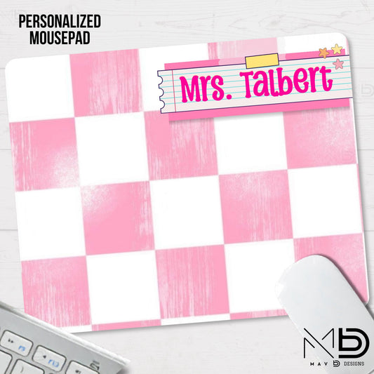 Personalized Teacher Mouse Pad | Pink Distressed Checkered Post-It Washi Tape Name Plate | Custom Name