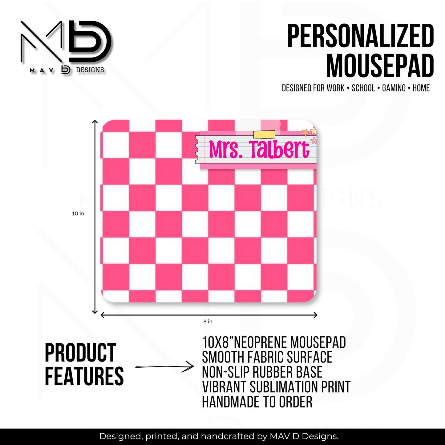 Personalized Teacher Mouse Pad | Pink Checkered Post-It Washi Tape Name Plate | Custom Name