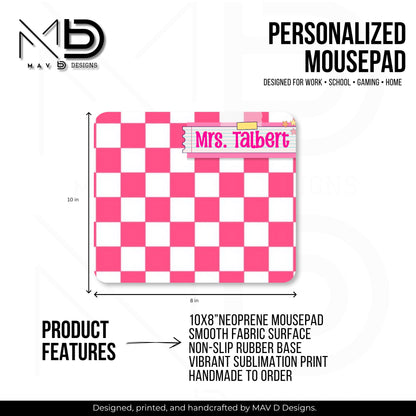 Personalized Teacher Mouse Pad | Pink Checkered Post-It Washi Tape Name Plate | Custom Name