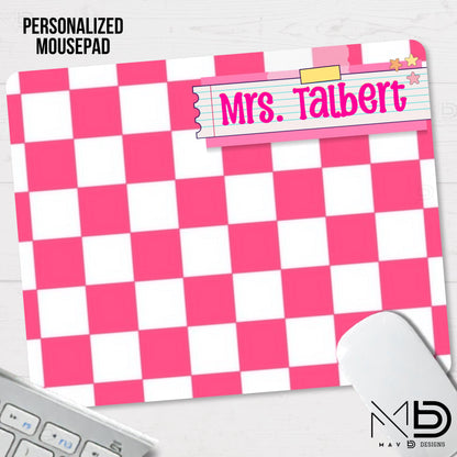 Personalized Teacher Mouse Pad | Pink Checkered Post-It Washi Tape Name Plate | Custom Name
