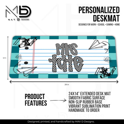 Personalized Deskmat | Teal Checkered Paper Doodle | Checkered Name