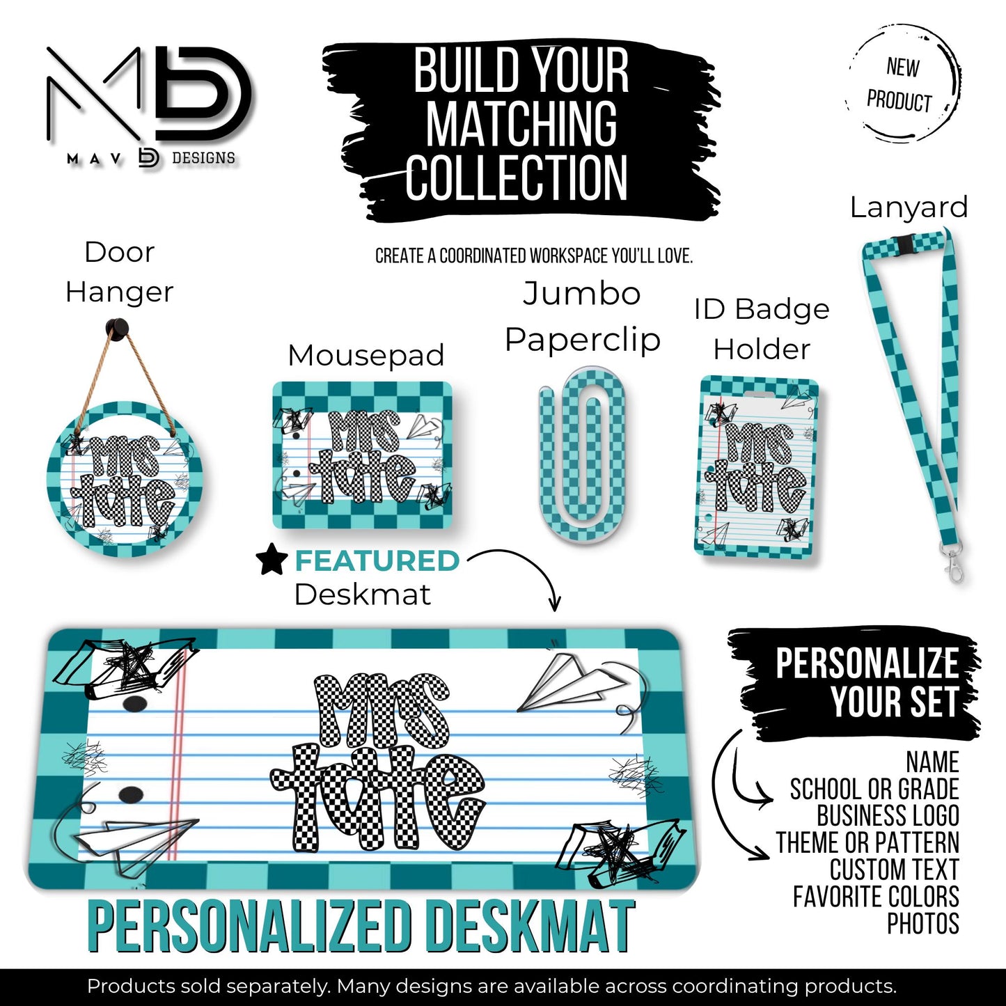 Personalized Deskmat | Teal Checkered Paper Doodle | Checkered Name