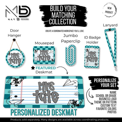 Personalized Deskmat | Teal Checkered Paper Doodle | Checkered Name