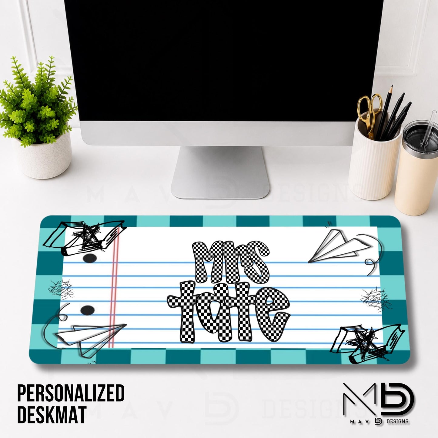 Personalized Deskmat | Teal Checkered Paper Doodle | Checkered Name