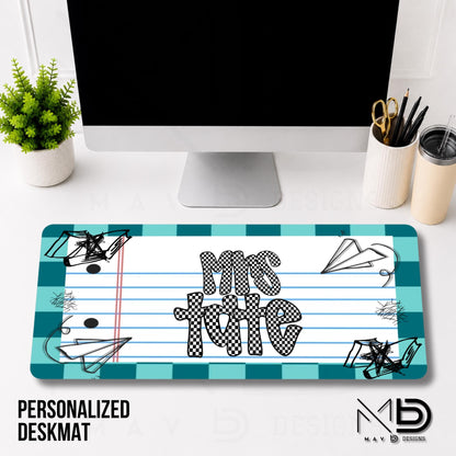Personalized Deskmat | Teal Checkered Paper Doodle | Checkered Name