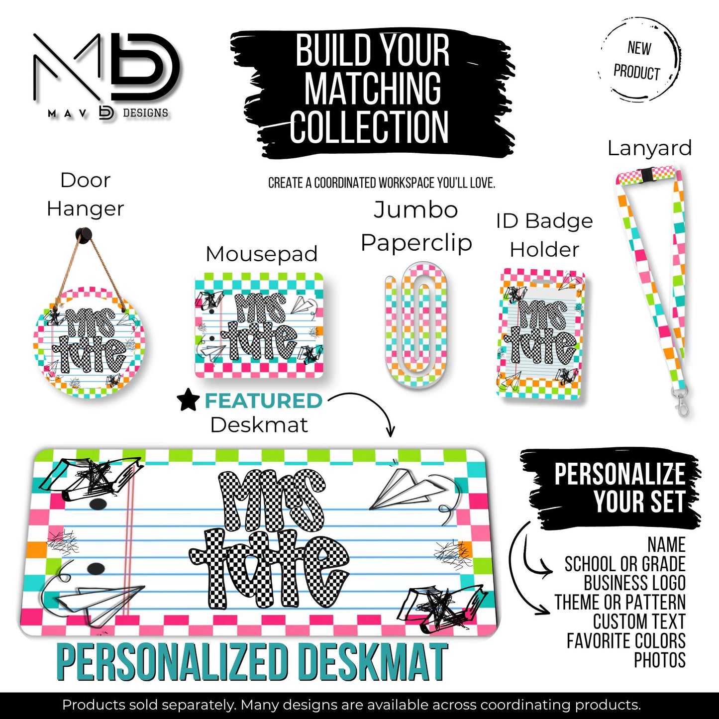 Personalized Deskmat | Vibrant Checkered Paper Doodle | Checkered Name