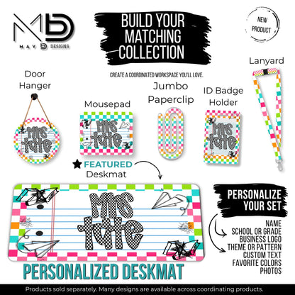 Personalized Deskmat | Vibrant Checkered Paper Doodle | Checkered Name