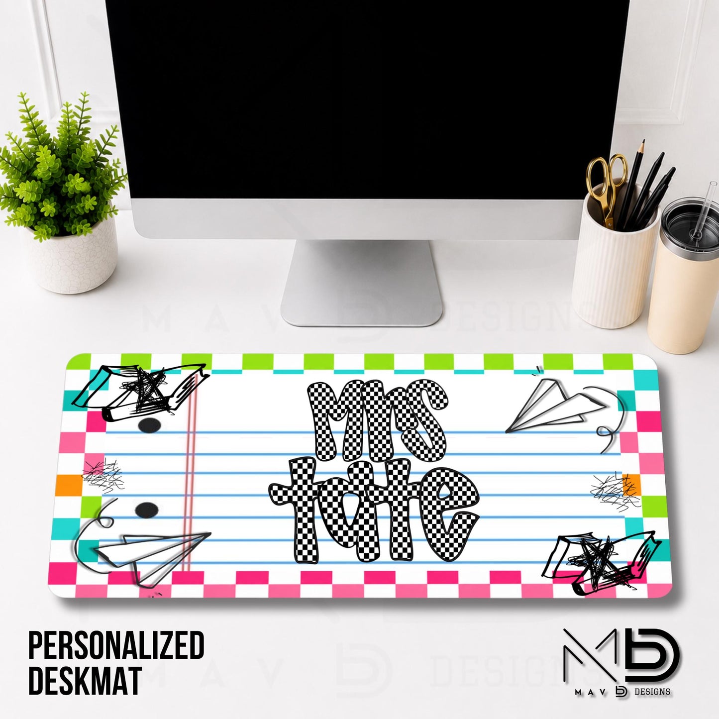 Personalized Deskmat | Vibrant Checkered Paper Doodle | Checkered Name
