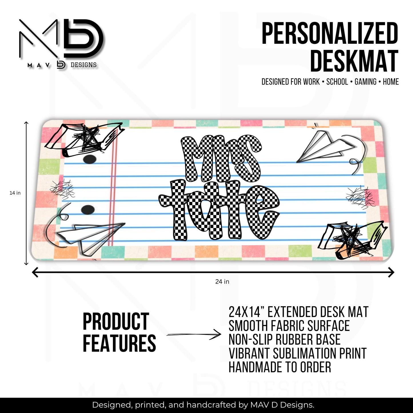 Personalized Deskmat | Distressed Pastel Checkered Paper Doodle | Checkered Name