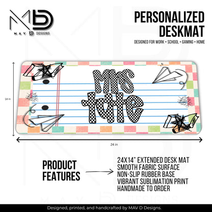 Personalized Deskmat | Distressed Pastel Checkered Paper Doodle | Checkered Name