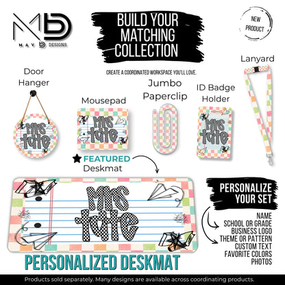 Personalized Deskmat | Distressed Pastel Checkered Paper Doodle | Checkered Name