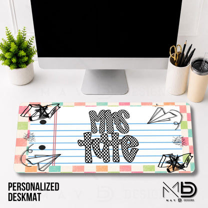 Personalized Deskmat | Distressed Pastel Checkered Paper Doodle | Checkered Name