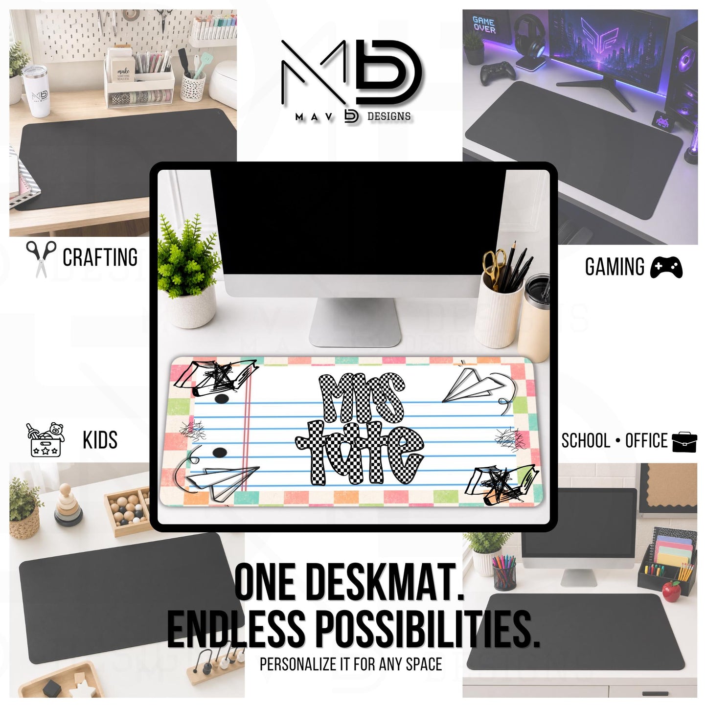 Personalized Deskmat | Distressed Pastel Checkered Paper Doodle | Checkered Name
