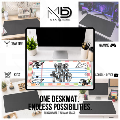Personalized Deskmat | Distressed Pastel Checkered Paper Doodle | Checkered Name