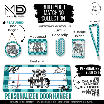 Personalized Teacher Door Hanger | Teal Checkered Paper Doodles | Checkered Name | 10” or 12” Door Hanger