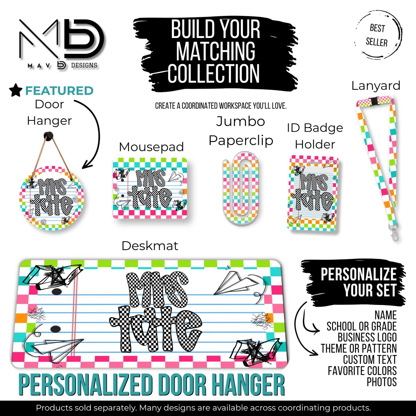 Personalized Teacher Door Hanger | Vibrant Checkered Paper Doodles | Checkered Name | 10” or 12” Door Hanger