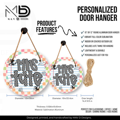 Personalized Teacher Door Hanger | Pastel Checkered Paper Doodles | Checkered Name | 10” or 12” Door Hanger