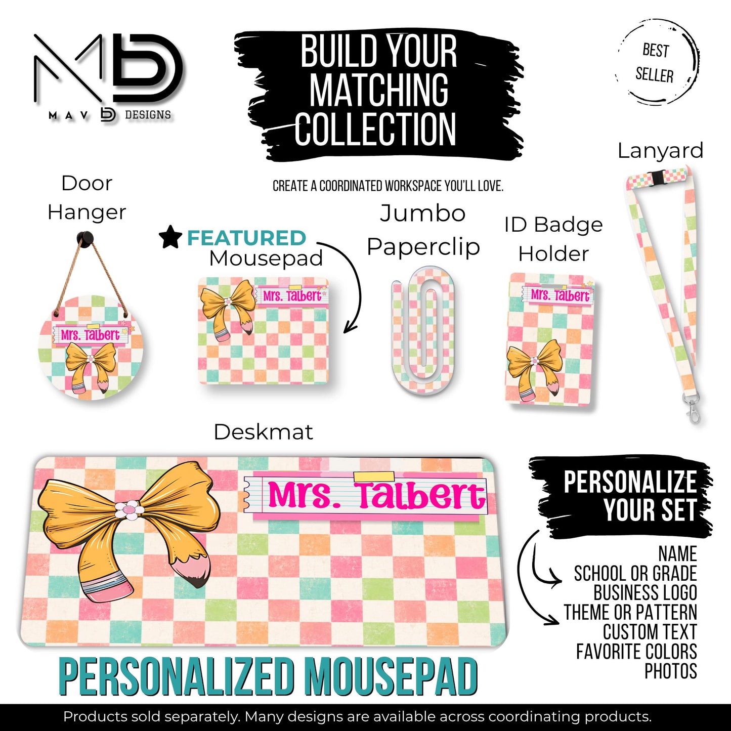 Personalized Teacher Mouse Pad | Distressed Checkered Pencil Bow | Post-It Washi Tape Name Plate | Custom Name