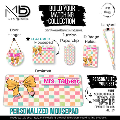 Personalized Teacher Mouse Pad | Distressed Checkered Pencil Bow | Post-It Washi Tape Name Plate | Custom Name