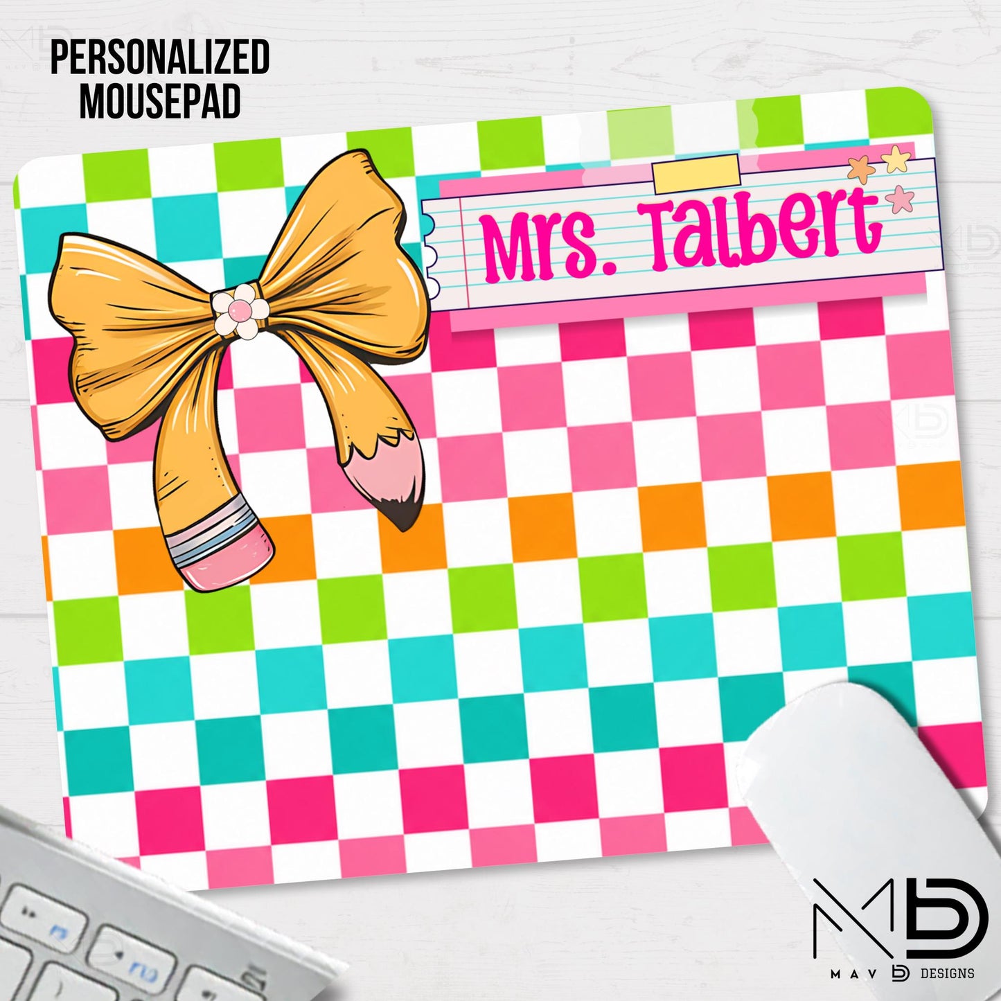 Personalized Teacher Mouse Pad | Distressed Checkered Pencil Bow | Post-It Washi Tape Name Plate | Custom Name