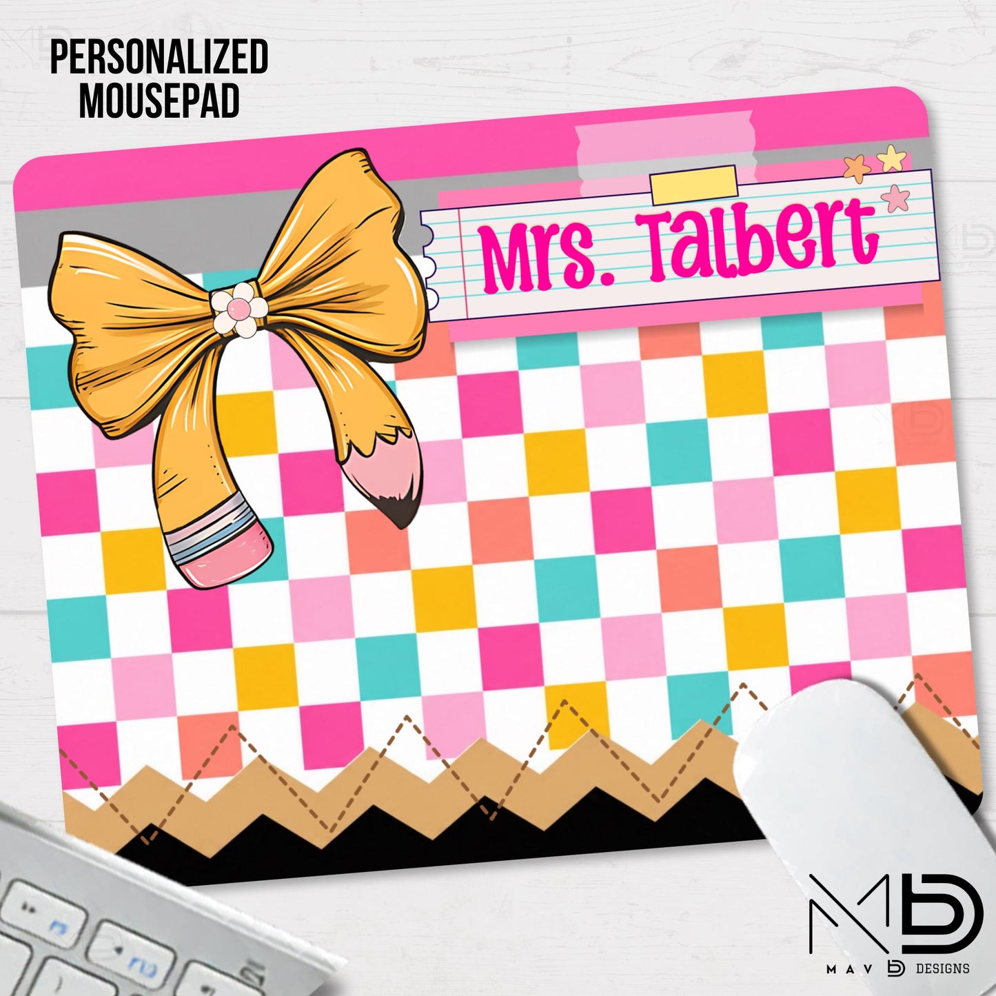 Personalized Teacher Mouse Pad | Distressed Checkered Pencil Bow | Post-It Washi Tape Name Plate | Custom Name