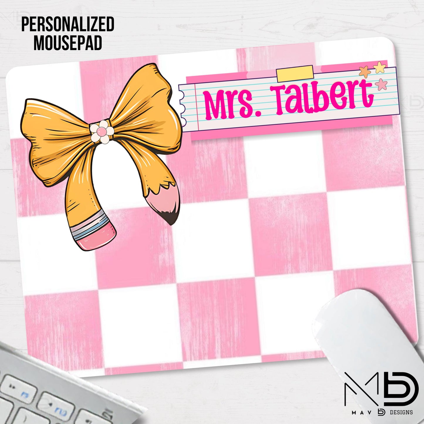 Personalized Teacher Mouse Pad | Distressed Checkered Pencil Bow | Post-It Washi Tape Name Plate | Custom Name