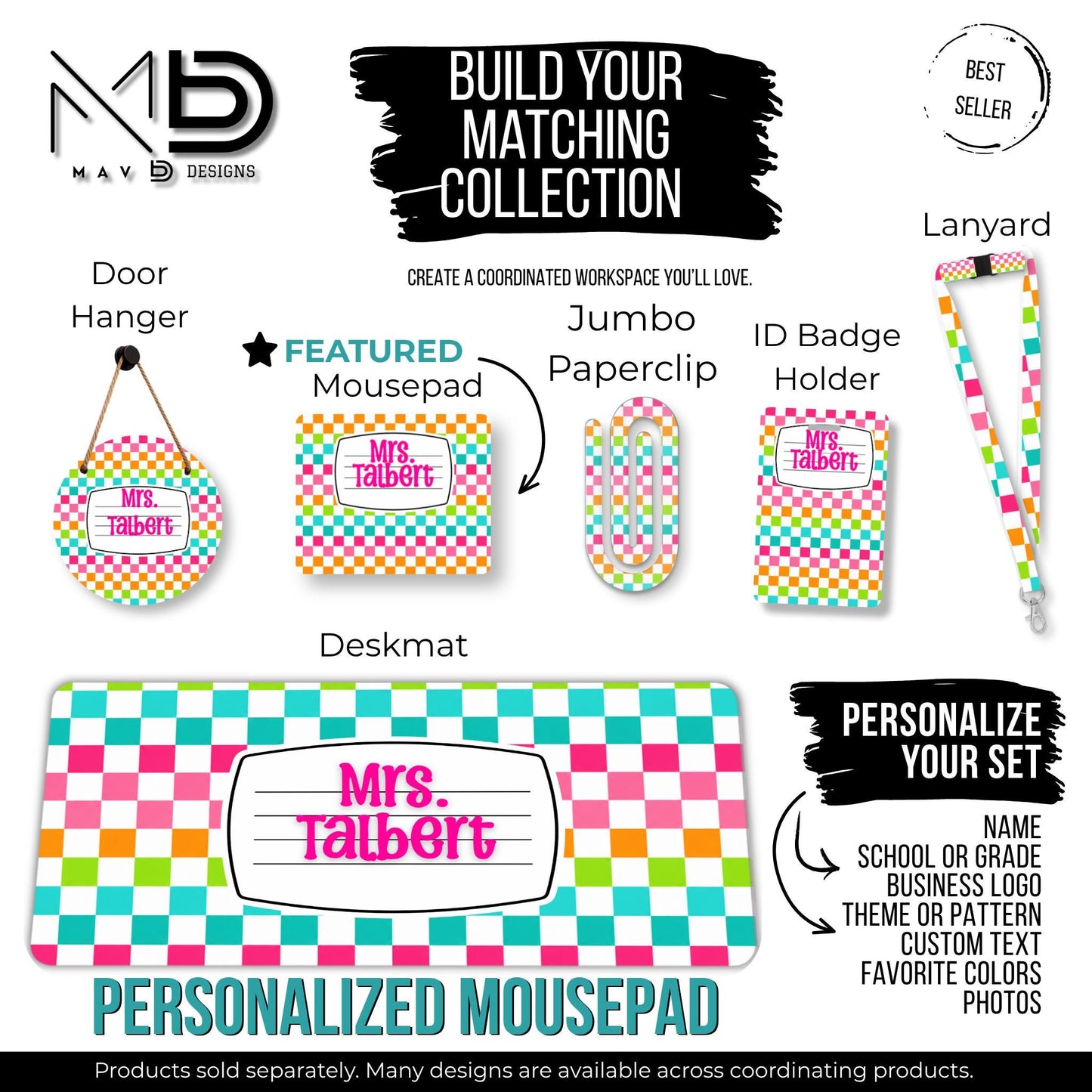 Personalized Mouse Pad | Vibrant Checkered Composition Nameplate | Custom Name