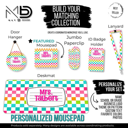 Personalized Mouse Pad | Vibrant Checkered Composition Nameplate | Custom Name
