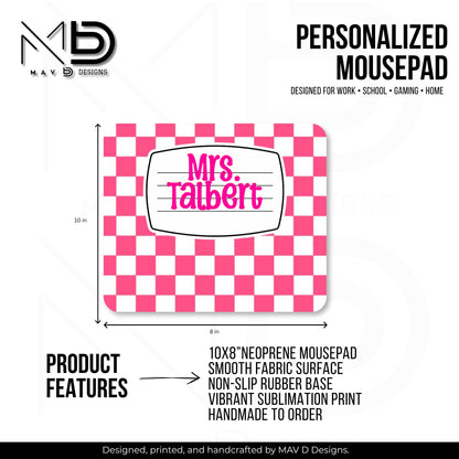 Personalized Mouse Pad | Pink Checkered Composition Nameplate | Custom Name