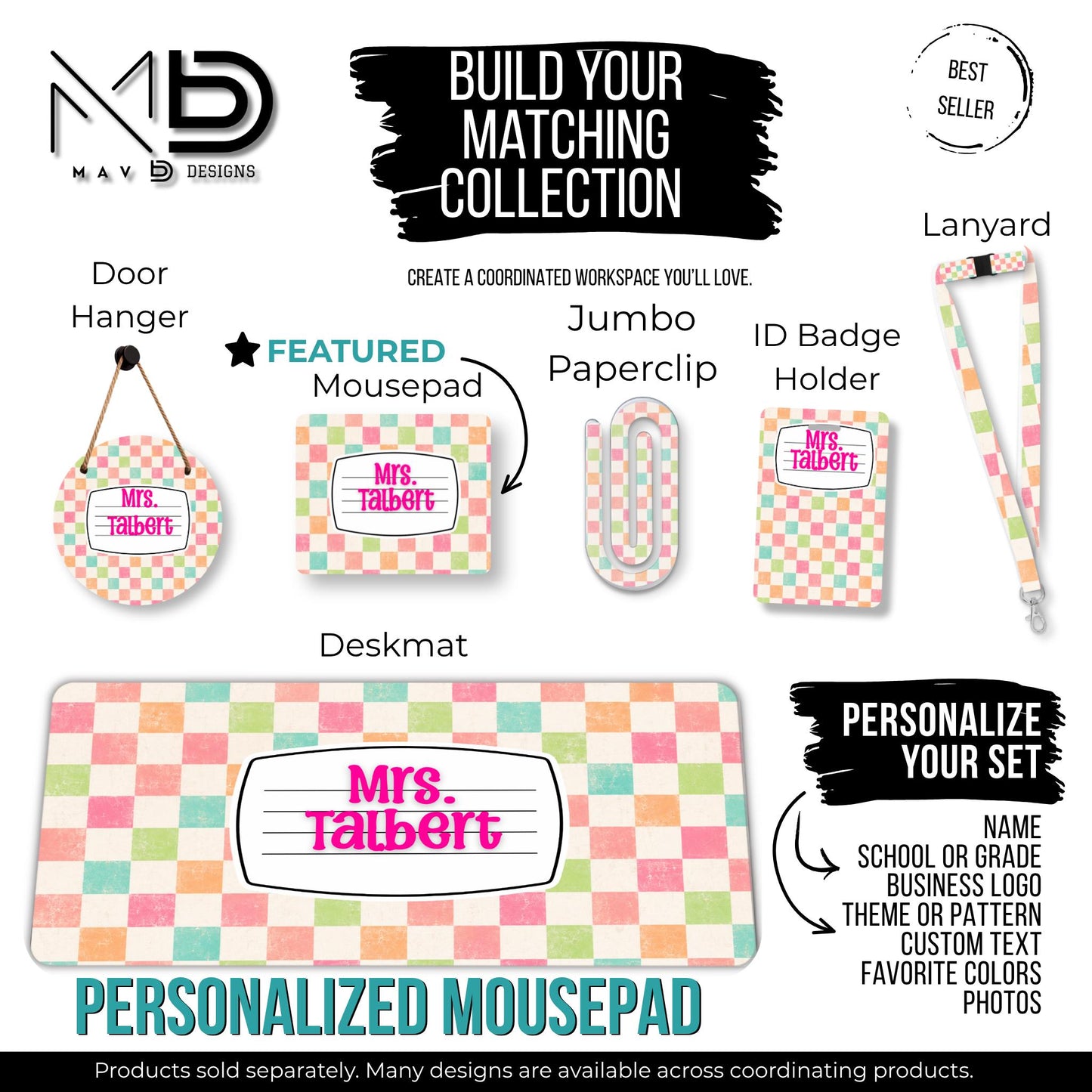 Personalized Mouse Pad | Pastel Checkered Composition Nameplate | Custom Name