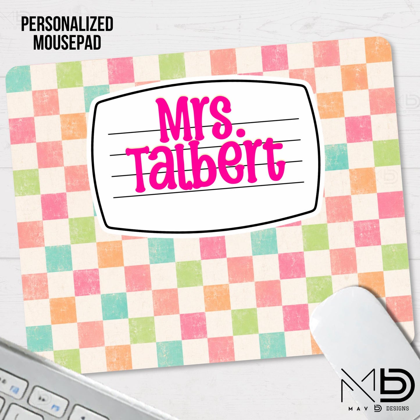 Personalized Mouse Pad | Pastel Checkered Composition Nameplate | Custom Name