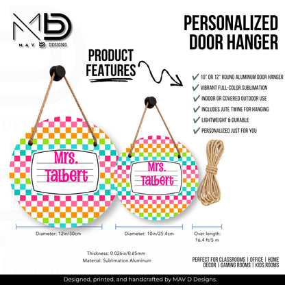 Personalized Teacher Door Hanger | Vibrant Checkered Composition Nameplate | Custom Name | 10” or 12” Door Hanger