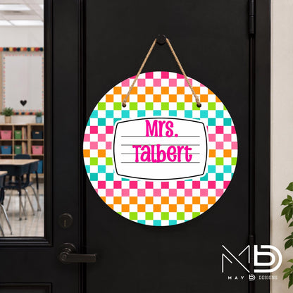 Personalized Teacher Door Hanger | Vibrant Checkered Composition Nameplate | Custom Name | 10” or 12” Door Hanger