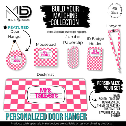 Personalized Teacher Door Hanger | Pink Checkered Composition Nameplate | Custom Name | 10” or 12” Door Hanger