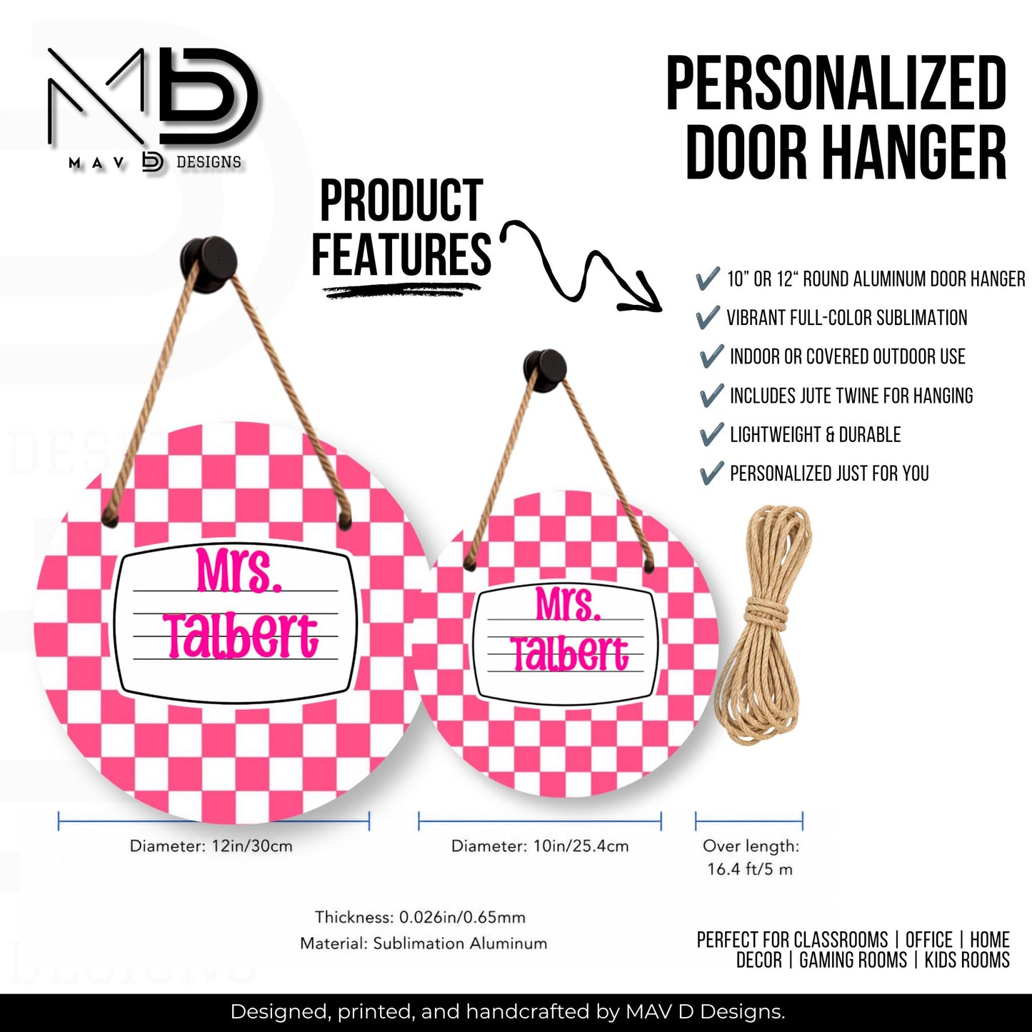Personalized Teacher Door Hanger | Pink Checkered Composition Nameplate | Custom Name | 10” or 12” Door Hanger