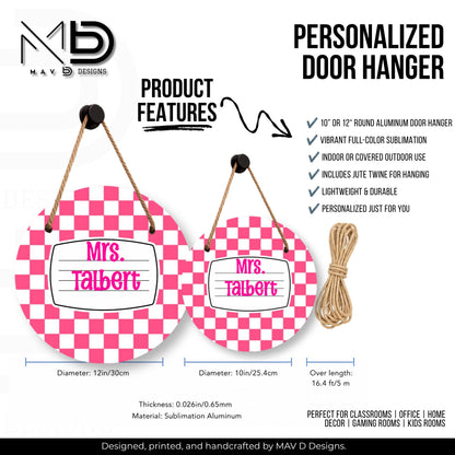 Personalized Teacher Door Hanger | Pink Checkered Composition Nameplate | Custom Name | 10” or 12” Door Hanger