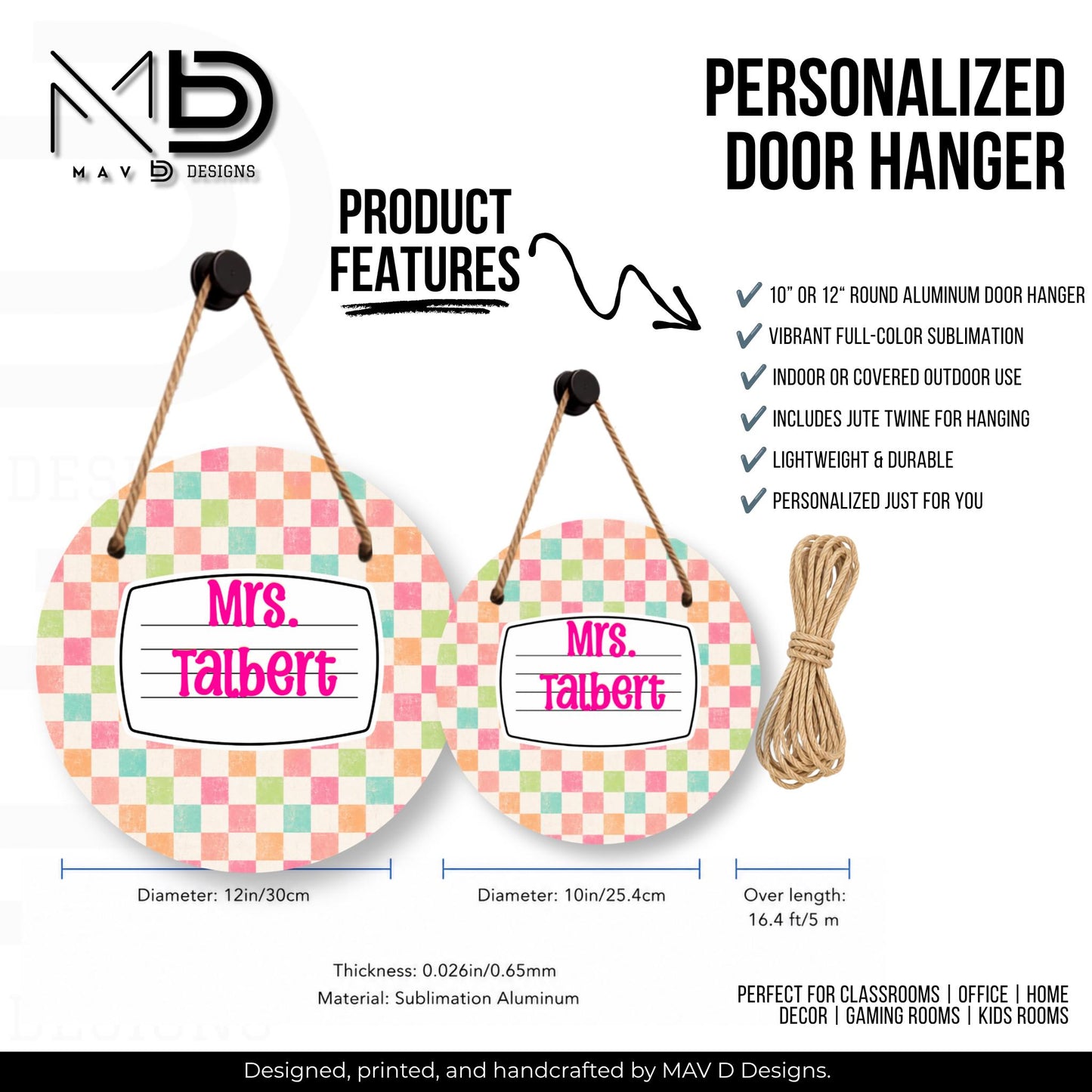 Personalized Teacher Door Hanger | Pastel Checkered Composition Nameplate | Custom Name | 10” or 12” Door Hanger