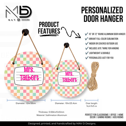 Personalized Teacher Door Hanger | Pastel Checkered Composition Nameplate | Custom Name | 10” or 12” Door Hanger