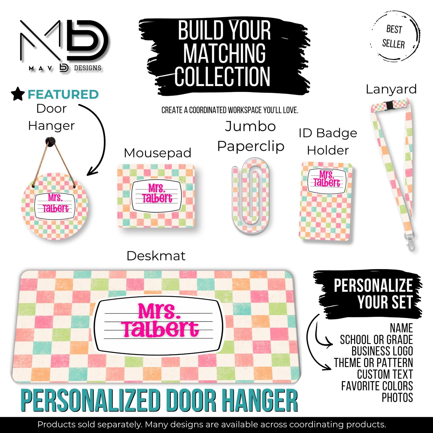 Personalized Teacher Door Hanger | Pastel Checkered Composition Nameplate | Custom Name | 10” or 12” Door Hanger